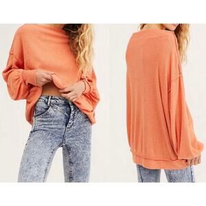Free People Main Squeeze Hacci Top Long Balloon Sleeve Ribbed Orange Size XS